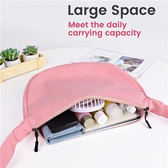 Mini Crescent Bag with Adjustable Strap, 2 Zippers Lightweight Nylon Bag - Rose - Picture 6 of 7